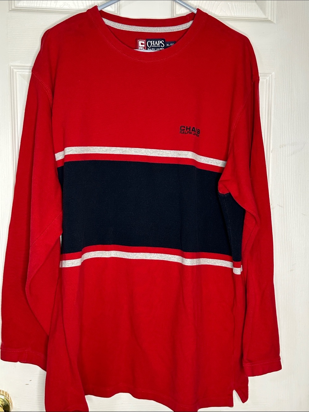 Chaps Red and Navy Striped Cotton Crewneck Sweater